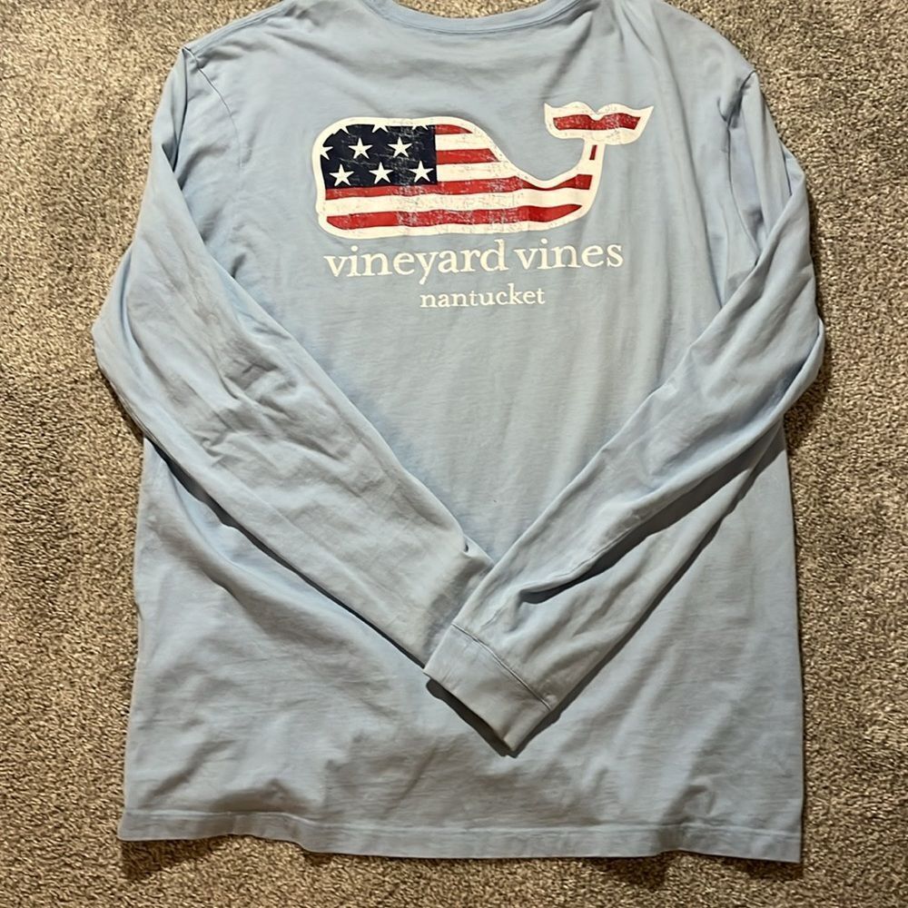 UNC Carolina Blue Nantucket Island Stars Stripes Whale Flag Pocket LS T Shirt M - Picture 2 of 5